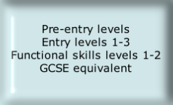 Pre-entry levels
Entry levels 1-3
Functional skills levels 1-2
GCSE equivalent
